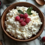 A bowl of cottage cheese adorned with ripe raspberries and a sprig of fresh mint, perfect for a healthy snack