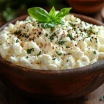 A wooden bowl filled with creamy cottage cheese garnished with fresh herbs and a sprig of basil, placed on a rustic table