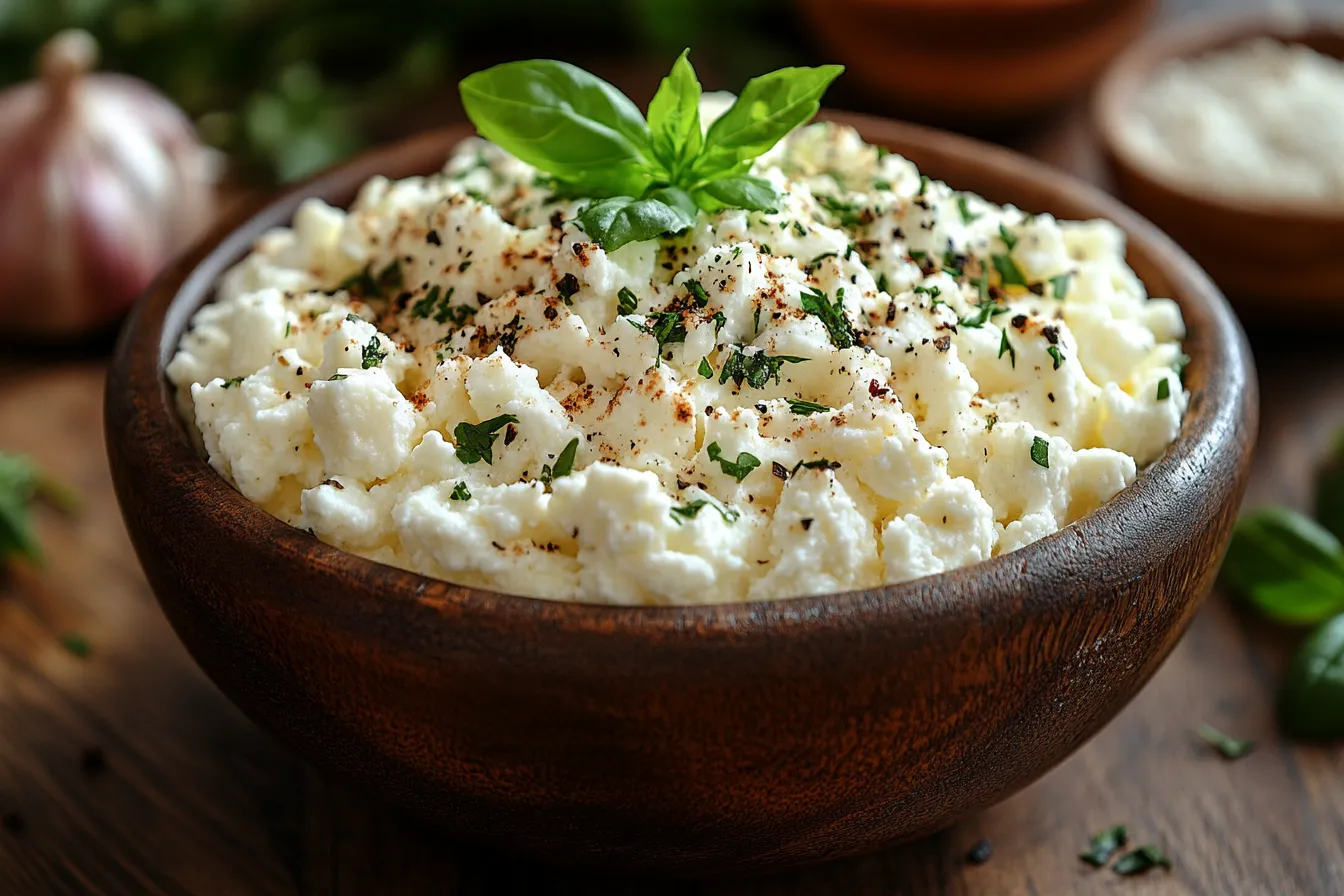 A wooden bowl filled with creamy cottage cheese garnished with fresh herbs and a sprig of basil, placed on a rustic table