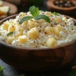 A bowl of cottage cheese mixed with pineapple chunks, mint leaves, and lightly seasoned with black pepper.