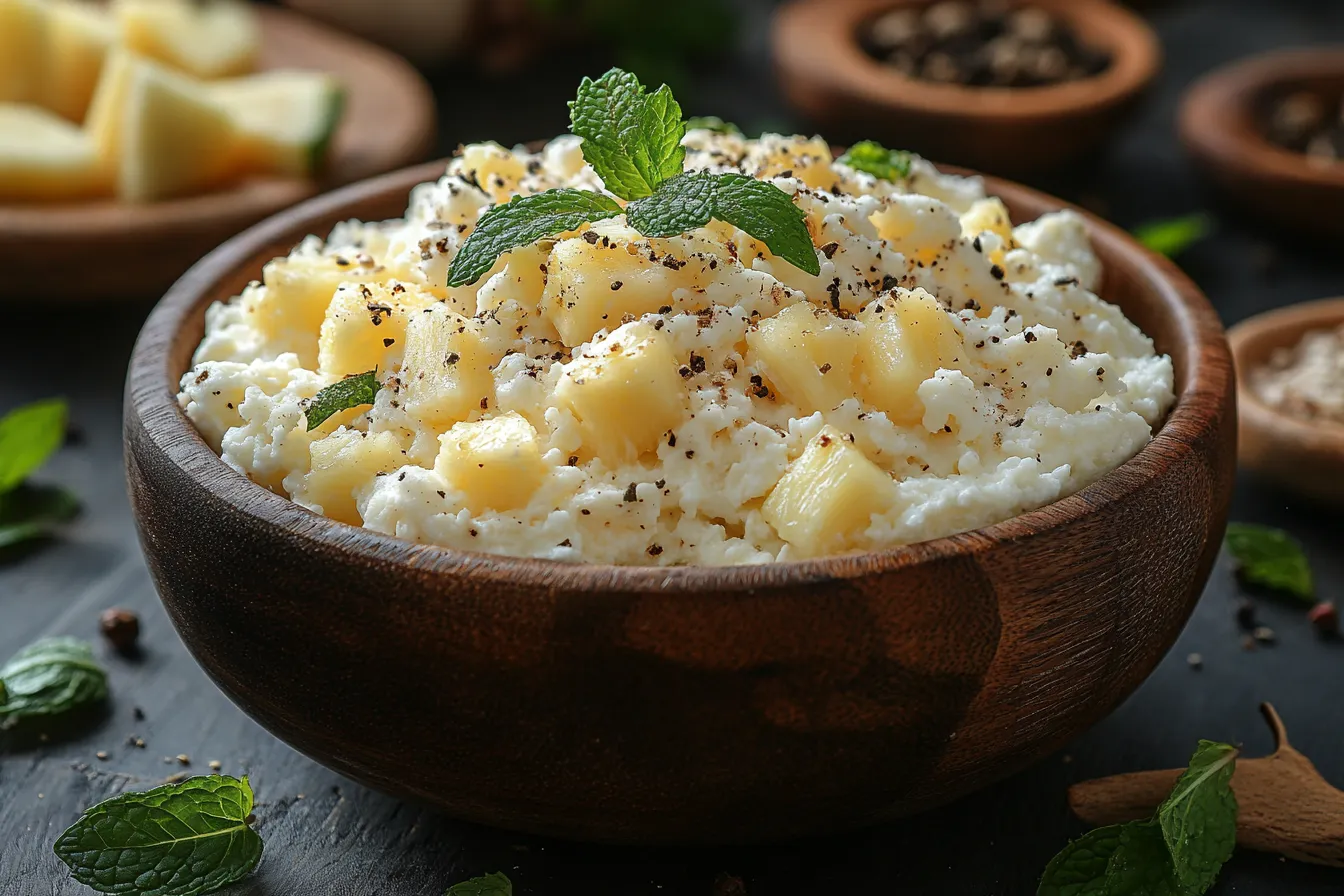 A bowl of cottage cheese mixed with pineapple chunks, mint leaves, and lightly seasoned with black pepper.