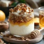 A glass jar filled with cottage cheese topped with granola and honey, surrounded by fresh oranges and a wooden honey dipper on a rustic wooden surface