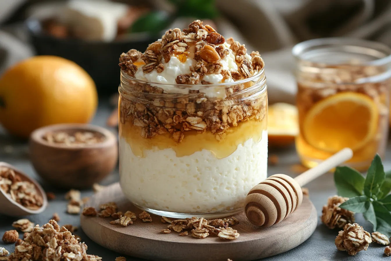 A glass jar filled with cottage cheese topped with granola and honey, surrounded by fresh oranges and a wooden honey dipper on a rustic wooden surface