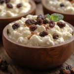 A bowl of cottage cheese topped with raisins, a sprinkle of cinnamon, and garnished with a fresh mint leaf, placed alongside cinnamon sticks.