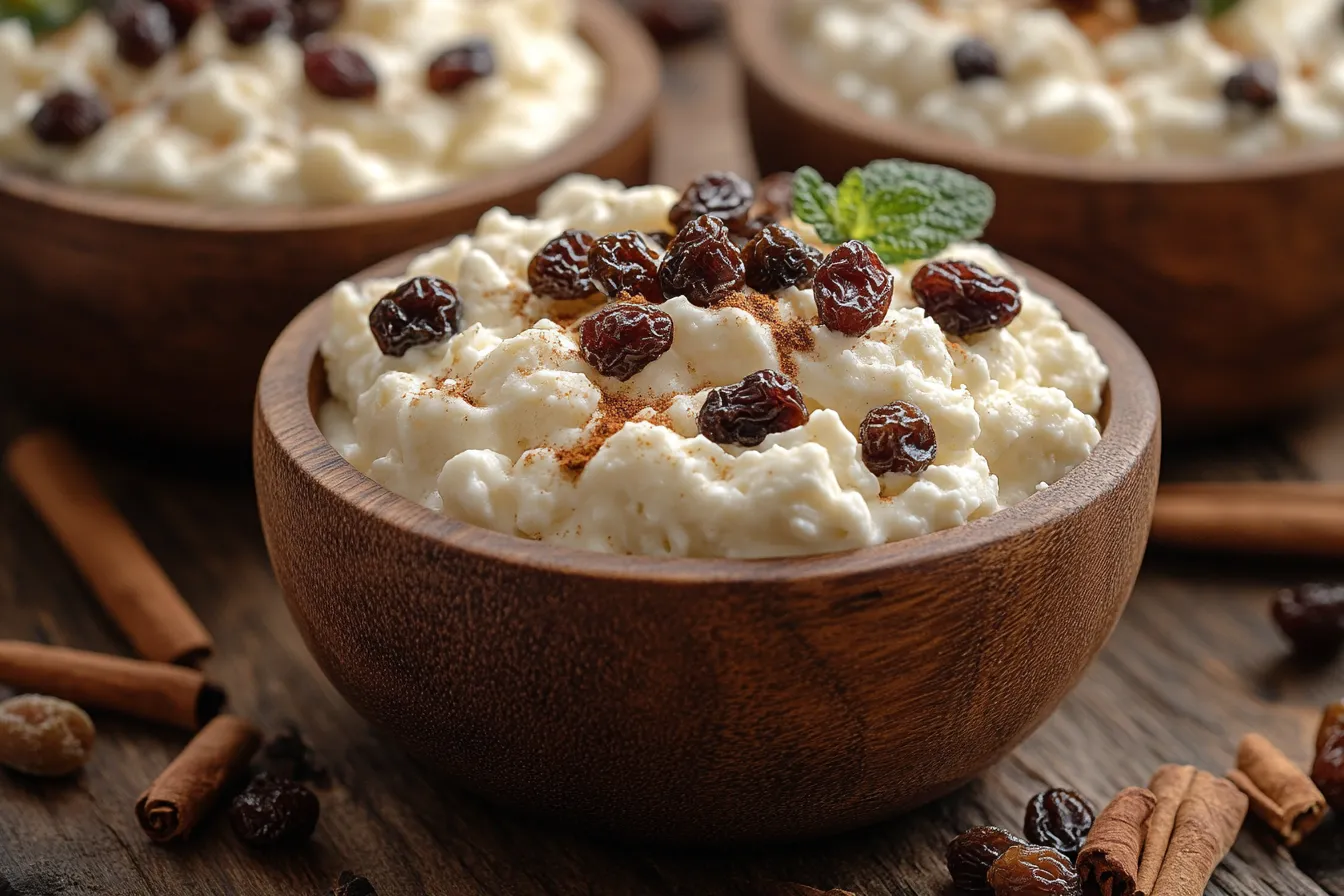 A bowl of cottage cheese topped with raisins, a sprinkle of cinnamon, and garnished with a fresh mint leaf, placed alongside cinnamon sticks.