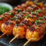 Grilled potato skewers served on a dark plate, featuring a smoky glaze, sesame toppings, and garnished with fresh green herbs.