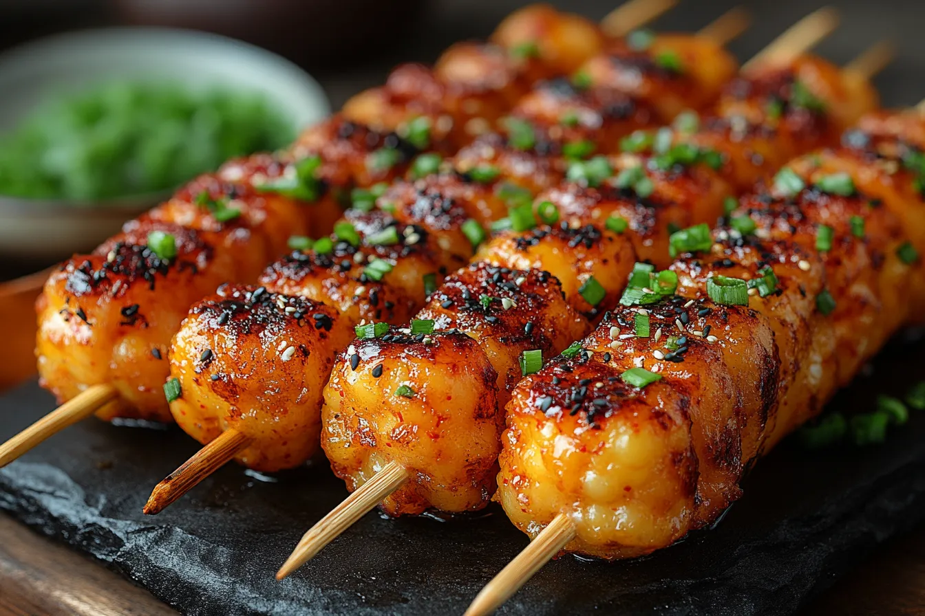 Grilled potato skewers served on a dark plate, featuring a smoky glaze, sesame toppings, and garnished with fresh green herbs.