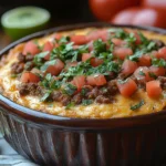 A hot taco dip recipe served in a rustic brown bowl, garnished with chopped red onions and fresh cilantro, surrounded by fresh ingredients like bell peppers and salsa