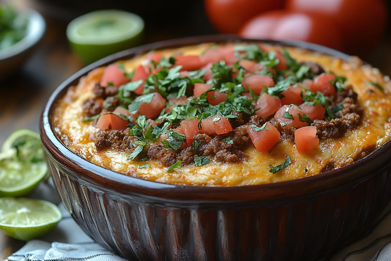 A hot taco dip recipe served in a rustic brown bowl, garnished with chopped red onions and fresh cilantro, surrounded by fresh ingredients like bell peppers and salsa