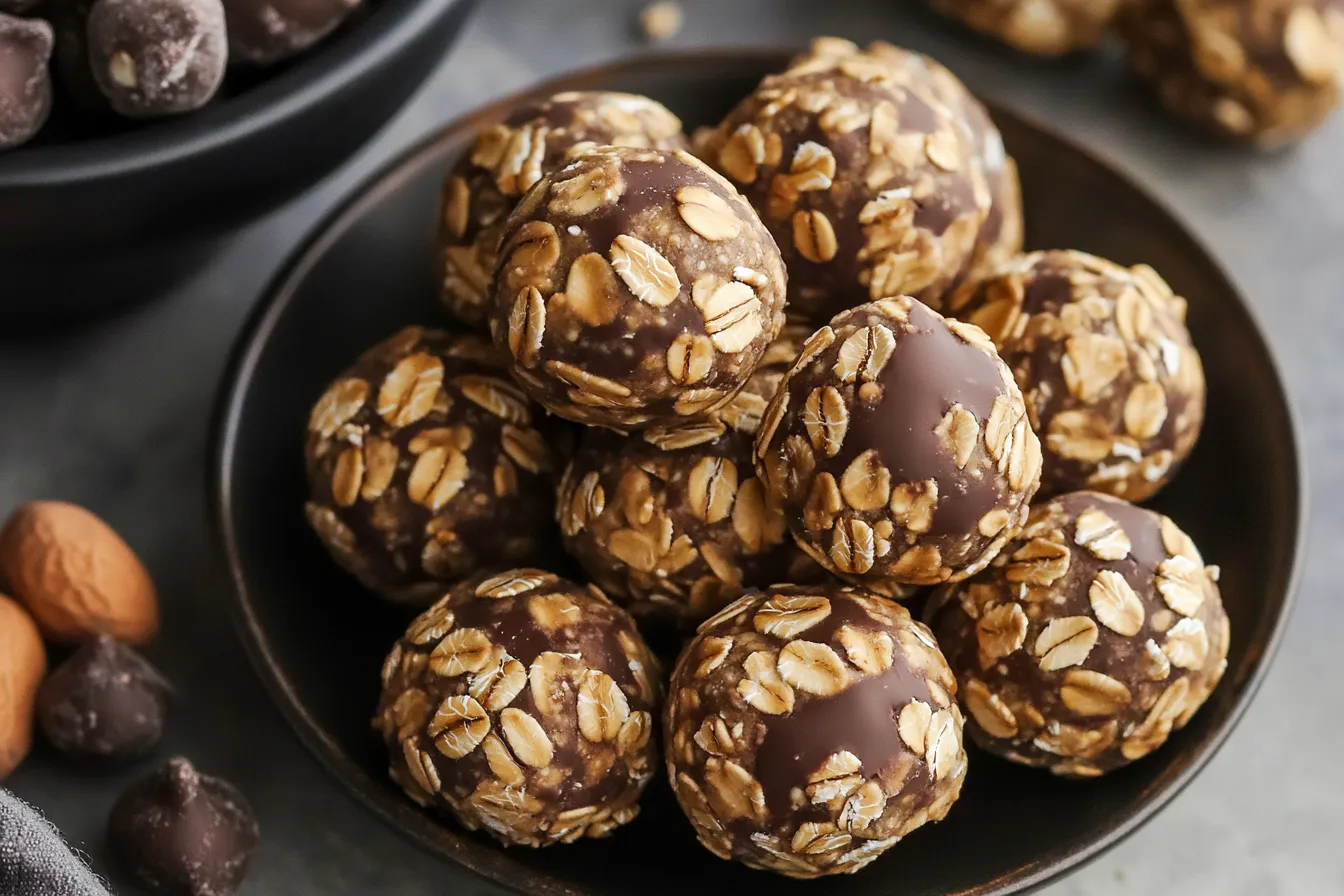 A bowl filled with peanut butter oatmeal balls coated in oats and drizzled with chocolate, surrounded by ingredients like nuts and chocolate chips.