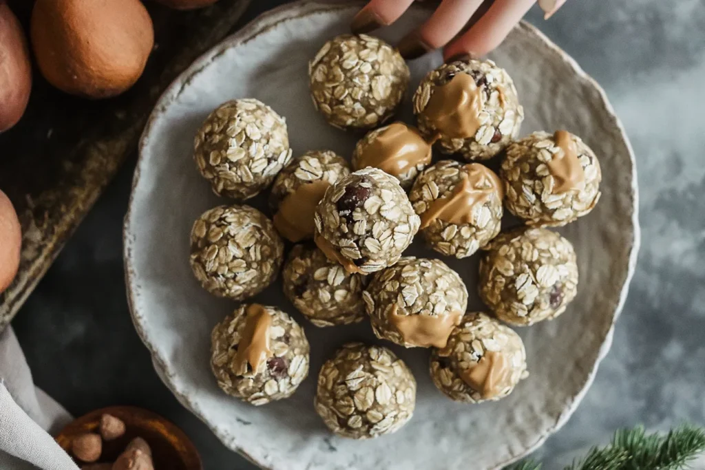 A plate of peanut butter oatmeal balls topped with a drizzle of peanut butter, placed alongside raw ingredients for a rustic presentation.