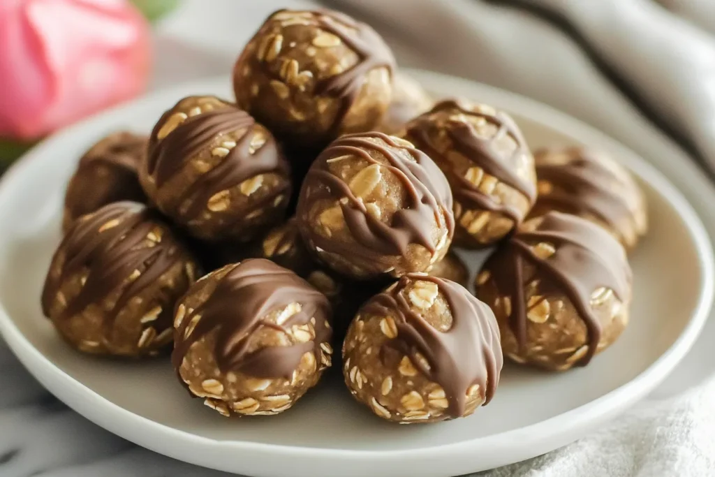 A plate of peanut butter oatmeal balls drizzled with melted chocolate, arranged in a visually appealing way with a soft, neutral background.