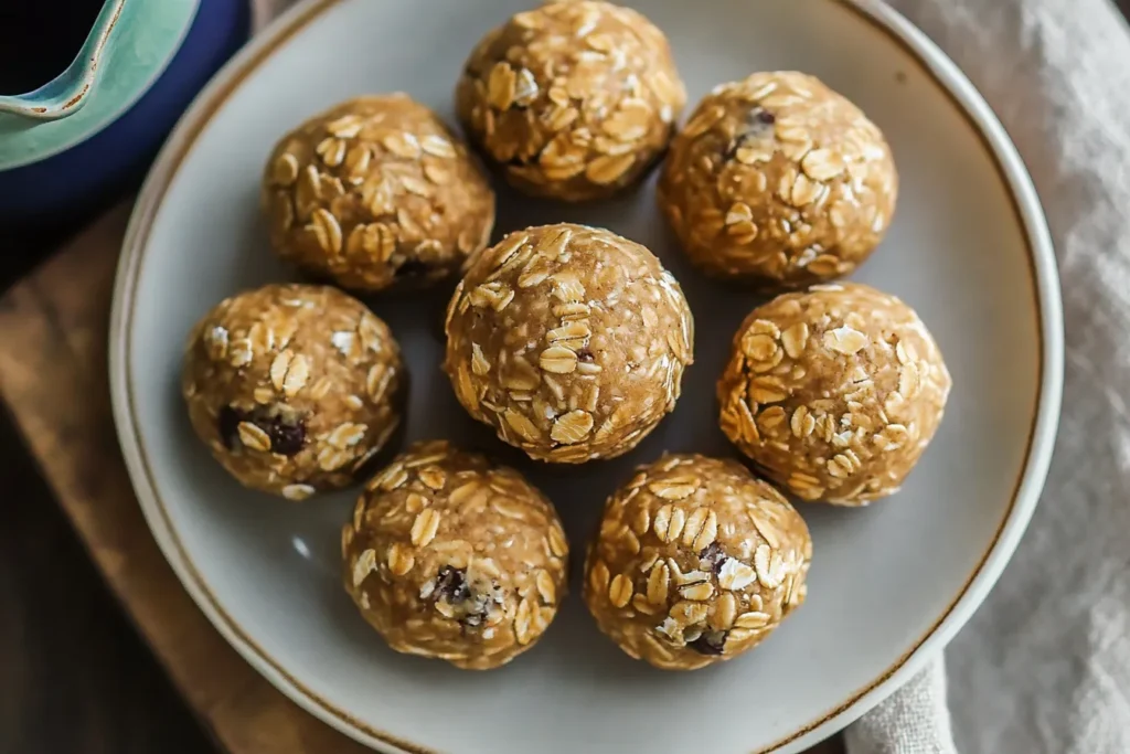 A serving of plain peanut butter oatmeal balls with visible oats, arranged neatly on a white plate for a minimalist presentation.