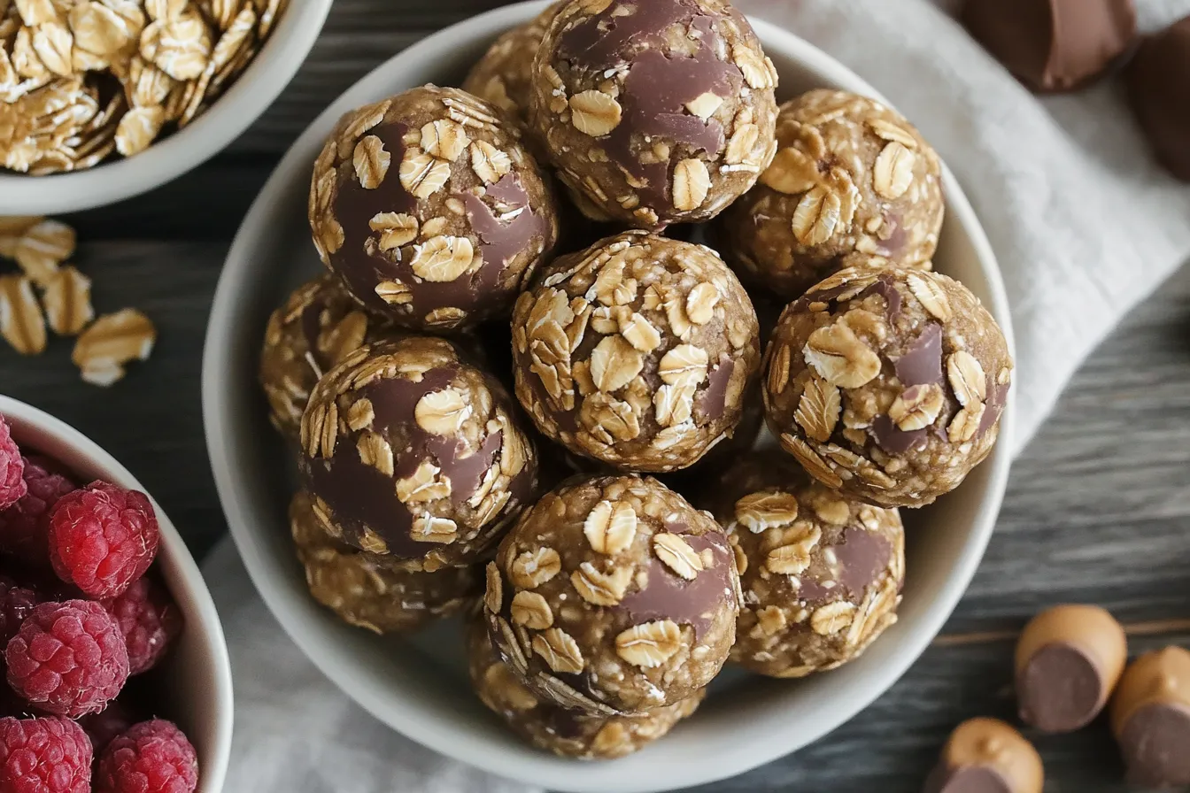 A bowl of oatmeal peanut butter energy bites, featuring oats and chocolate chunks, surrounded by fresh raspberries and toppings