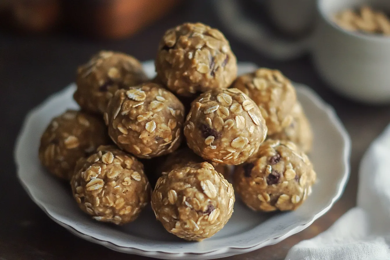 A plate of no-bake oatmeal energy balls made with oats and peanut butter, perfect for a healthy snack.