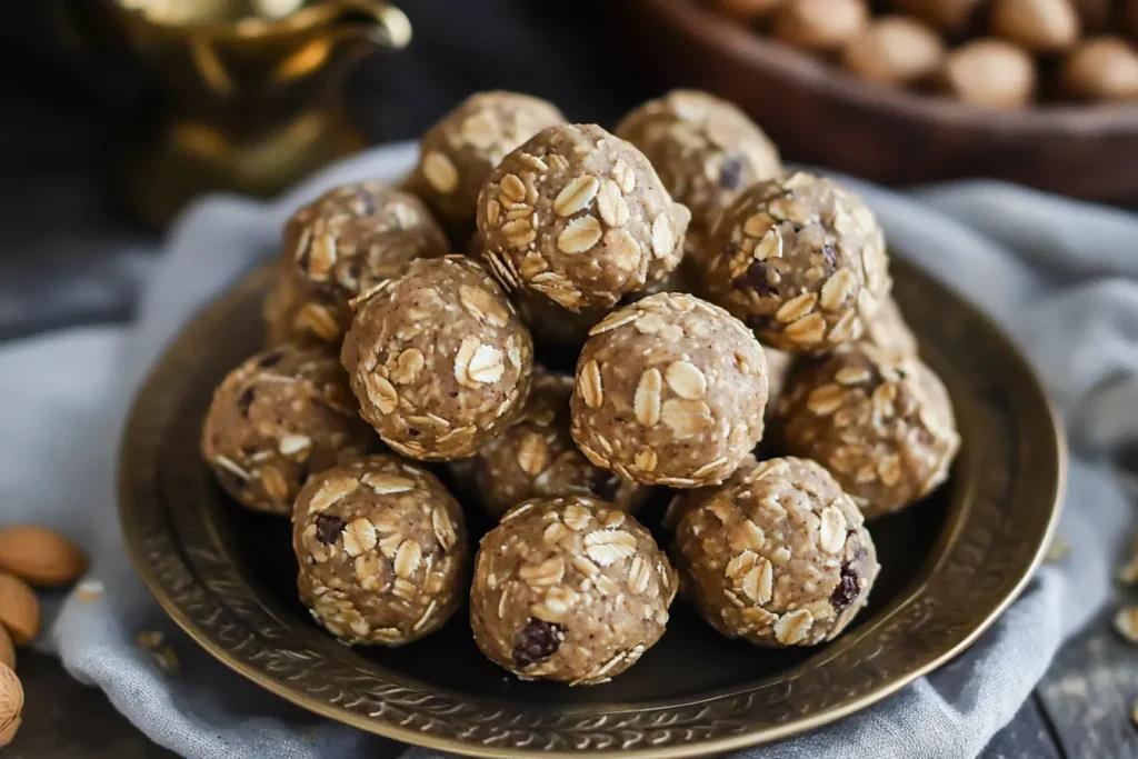 Close-up of peanut butter and oat energy balls served on a white plate, ideal for a nutritious and easy-to-make breakfast