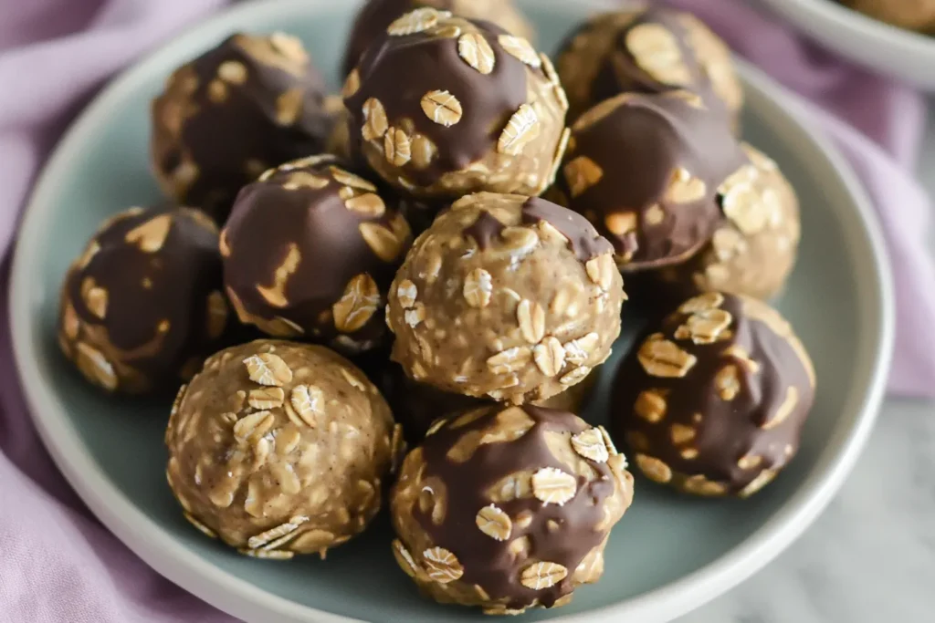 Bowl of chocolate peanut butter energy balls with oats, a delicious combination of healthy fats and flavors for snacking