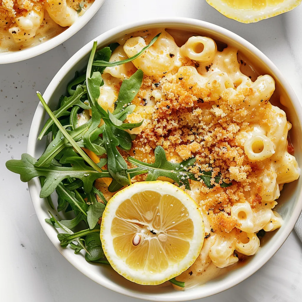 Flat-lay photo of spicy mac and cheese served with arugula and lemon on the side, on a white background.