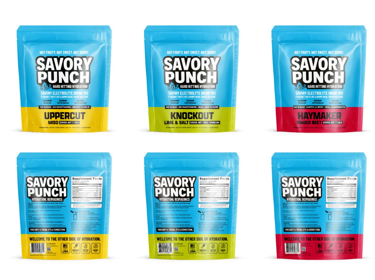Savory Punch lineup — front and supplement facts